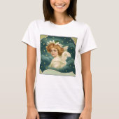 ヴィンテージクリスマスビクトリアン、天使と金ゴールド星 Tシャツ (正面)