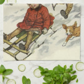 ヴィンテージクリスマスビクトリアン、子供用そり犬 キッチンタオル (折り畳み)