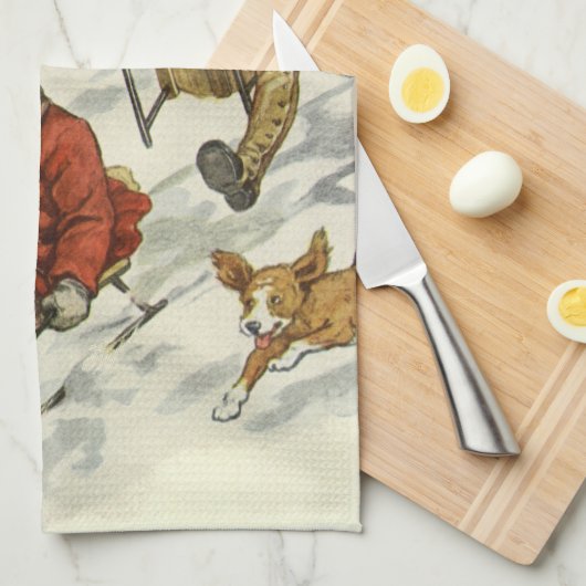 ヴィンテージクリスマスビクトリアン、子供用そり犬 キッチンタオル (四つ折り)