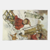 ヴィンテージクリスマスビクトリアン、子供用そり犬 キッチンタオル (横)