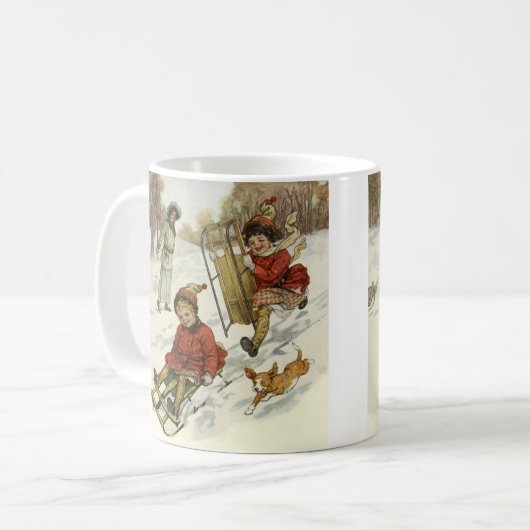 ヴィンテージクリスマスビクトリアン、子供用そり犬 コーヒーマグカップ (正面左)