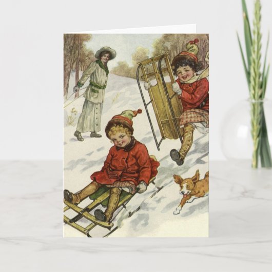 ヴィンテージクリスマスビクトリアン、子供用そり犬 シーズンカード (正面)