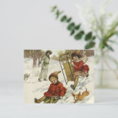 ヴィンテージクリスマスビクトリアン、子供用そり犬 シーズンポストカード (スタンド正面)