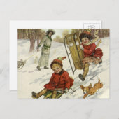 ヴィンテージクリスマスビクトリアン、子供用そり犬 シーズンポストカード (正面/裏面)