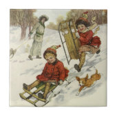 ヴィンテージクリスマスビクトリアン、子供用そり犬 タイル (正面)
