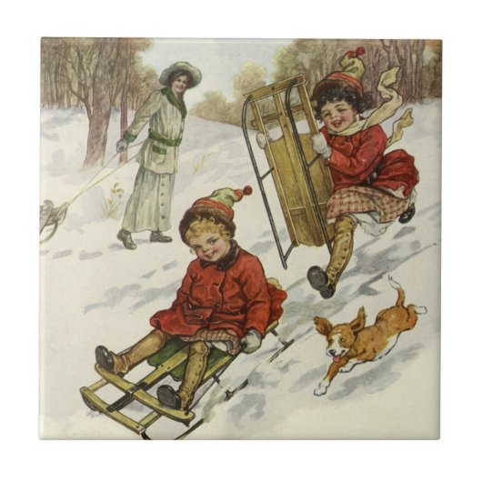 ヴィンテージクリスマスビクトリアン、子供用そり犬 タイル (正面)