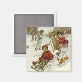 ヴィンテージクリスマスビクトリアン、子供用そり犬 マグネット (正面/裏面)