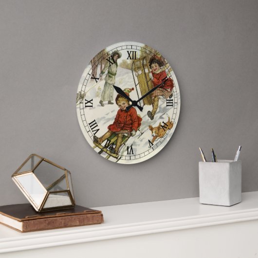 ヴィンテージクリスマスビクトリアン、子供用そり犬 ラージ壁時計 (オフィス)