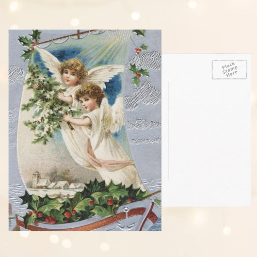ヴィンテージクリスマスビクトリアン、帆船の天使 シーズンポストカード