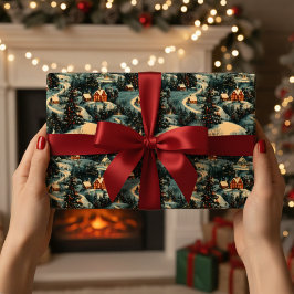 ヴィンテージクリスマスビレッジパターン ラッピングペーパー