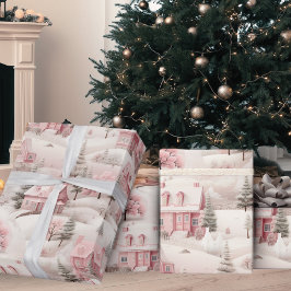 ヴィンテージクリスマスピンクスノーヴィレッジホリデイ ラッピングペーパー