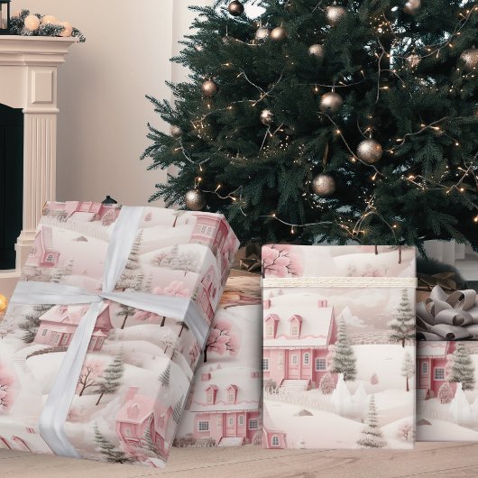ヴィンテージクリスマスピンクスノーヴィレッジホリデイ ラッピングペーパー