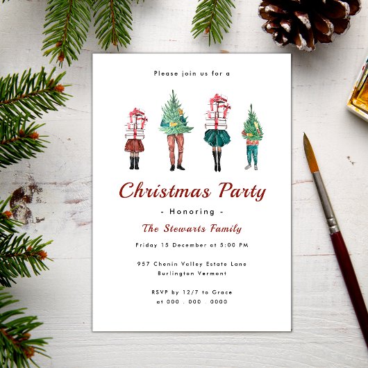 ヴィンテージクリスマスファミリーウォーターカラーホリデーパーティー 招待状