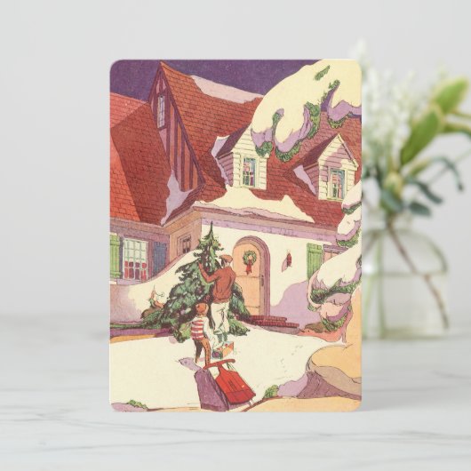 ヴィンテージクリスマスファミリーハウスインスノー招待状 招待状 (スタンド正面)