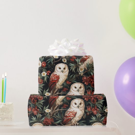 ヴィンテージクリスマスファンタジーフローラフクロウパターン ラッピングペーパー (パーティーギフト)
