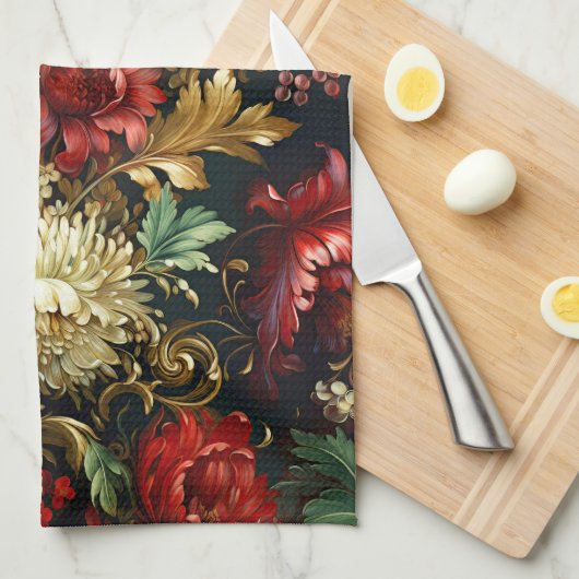 ヴィンテージクリスマスファンタジーフローラルパターン キッチンタオル (四つ折り)