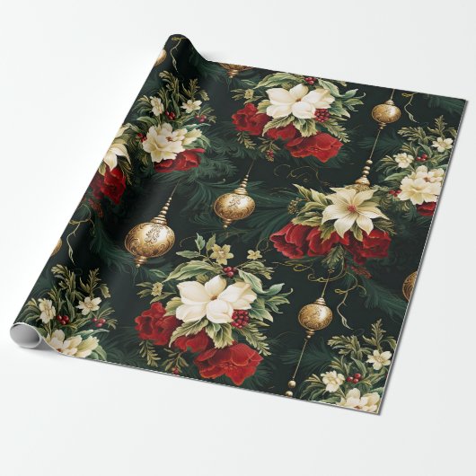 ヴィンテージクリスマスファンタジーフローラルパターン ラッピングペーパー (アンロールド)