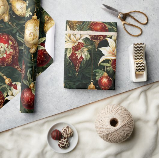 ヴィンテージクリスマスファンタジーフローラルパターン ラッピングペーパー (クラフト)