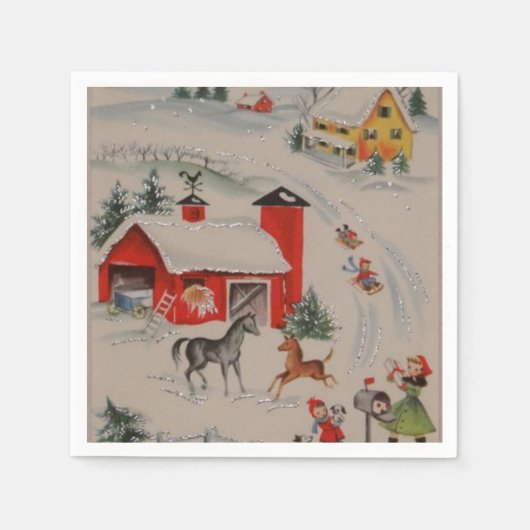 ヴィンテージクリスマスファームホリデーパーティナプキンス紙 スタンダードカクテルナプキン (正面)