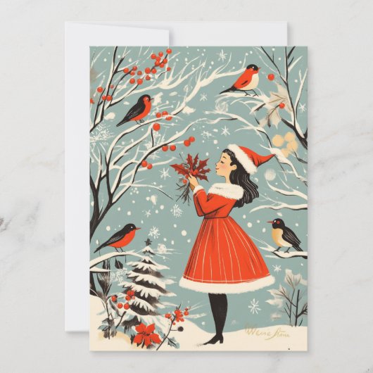 ヴィンテージクリスマスフェスティバルガールウィンターバードクリスマス シーズンカード (正面)