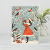 ヴィンテージクリスマスフェスティバルガールウィンターバードクリスマス シーズンカード (スタンド正面)