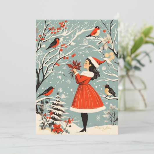 ヴィンテージクリスマスフェスティバルガールウィンターバードクリスマス シーズンカード (スタンド正面)