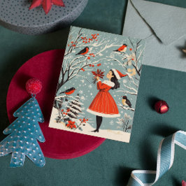 ヴィンテージクリスマスフェスティバルガールウィンターバードクリスマス シーズンカード
