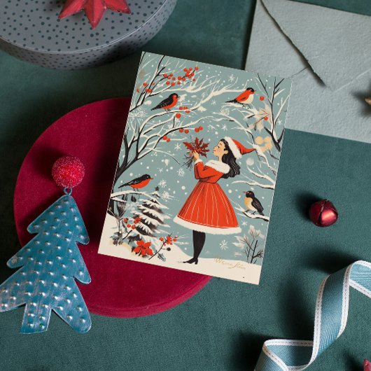 ヴィンテージクリスマスフェスティバルガールウィンターバードクリスマス シーズンカード