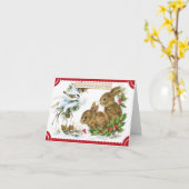 ヴィンテージクリスマスフォレストバンニーと鳥の自然 カード (黄色い花)