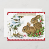 ヴィンテージクリスマスフォレストバンニーと鳥の自然 シーズンポストカード (正面/裏面)