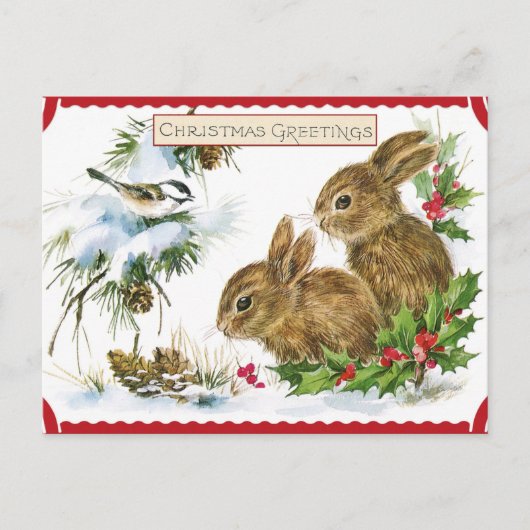 ヴィンテージクリスマスフォレストバンニーと鳥の自然 シーズンポストカード (正面)