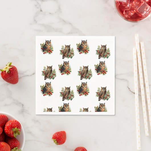 ヴィンテージクリスマスフクロウ スタンダードカクテルナプキン (インサイチュ)