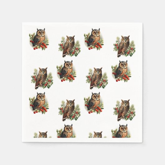 ヴィンテージクリスマスフクロウ スタンダードカクテルナプキン (正面)