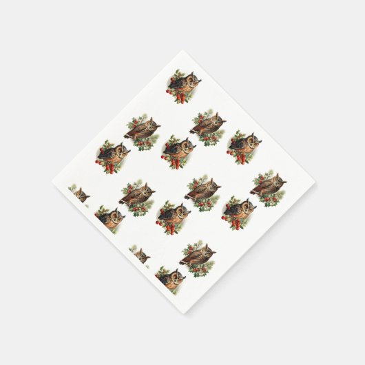ヴィンテージクリスマスフクロウ スタンダードカクテルナプキン (角)