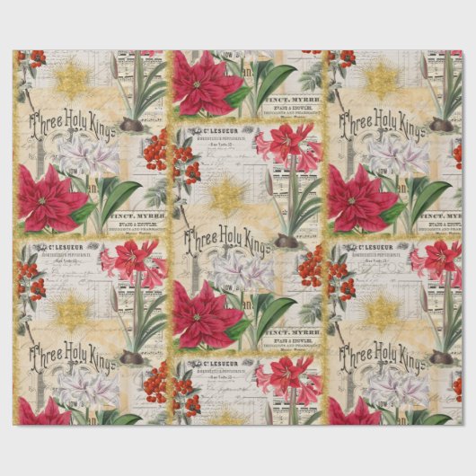 ヴィンテージクリスマスフラワーズ金ゴールドホリーアンドエフェメラ ラッピングペーパー (フラット)