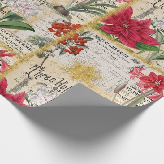 ヴィンテージクリスマスフラワーズ金ゴールドホリーアンドエフェメラ ラッピングペーパー (角)