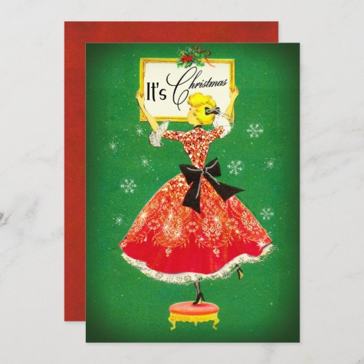 ヴィンテージクリスマスフレームグリーンレッドグリッター女 サンキューカード (正面/裏面)