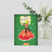 ヴィンテージクリスマスフレームグリーンレッドグリッター女 ポストカード (スタンド正面)