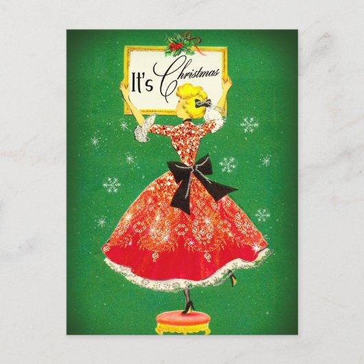 ヴィンテージクリスマスフレームグリーンレッドグリッター女 ポストカード (正面)