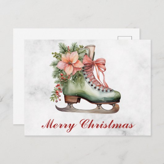 ヴィンテージクリスマスフローラアンティークアイススケート ポストカード (正面/裏面)
