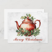 ヴィンテージクリスマスフローラアンティークティーポットティー ポストカード (正面/裏面)