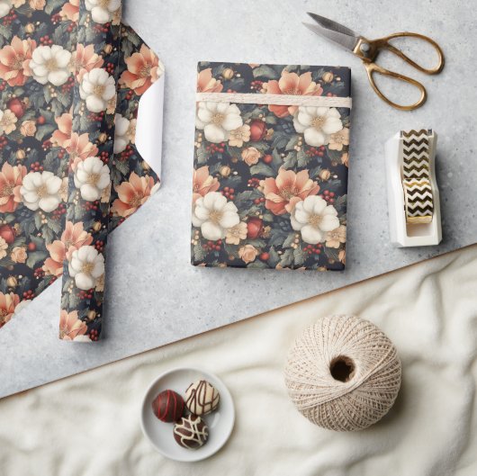 ヴィンテージクリスマスフローラポインセチア&ホリーギフト ラッピングペーパー (クラフト)