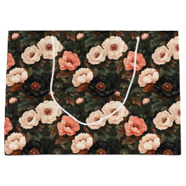 ヴィンテージクリスマスフローラ牡丹ピンク&ダークグリーン ラージペーパーバッグ