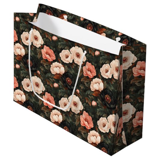 ヴィンテージクリスマスフローラ牡丹ピンク&ダークグリーン ラージペーパーバッグ (正面アングル)