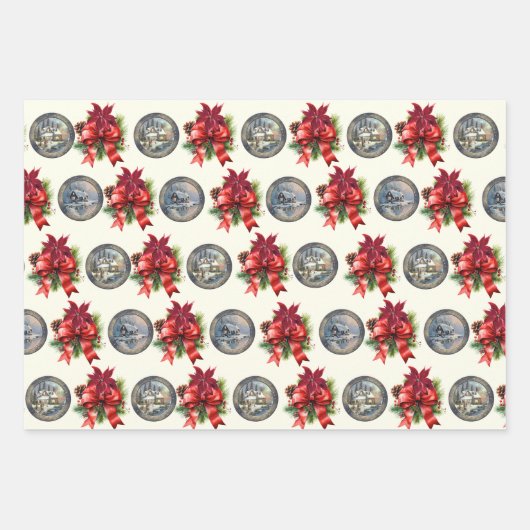 ヴィンテージクリスマスフローラ&ハウス ラッピングペーパーシート (正面)