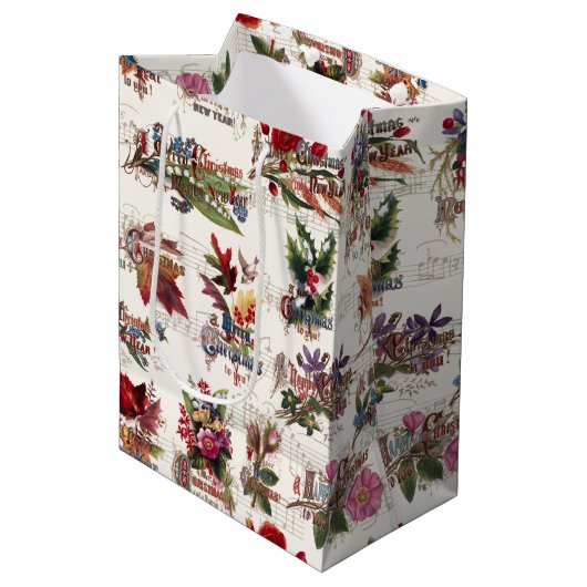ヴィンテージクリスマスフローラ/音楽と華美文字 ミディアムペーパーバッグ (正面アングル)