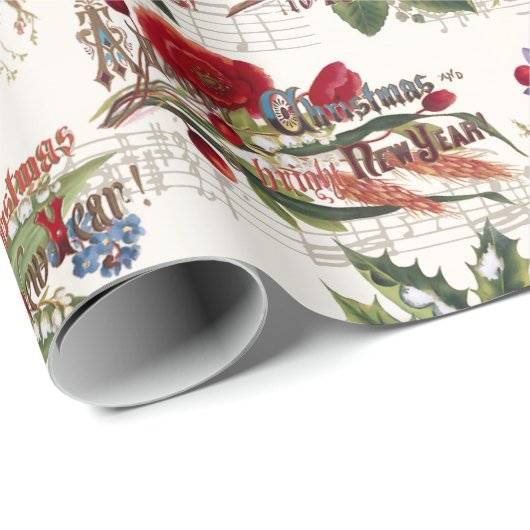 ヴィンテージクリスマスフローラ/音楽と華美文字 ラッピングペーパー (ロールコーナー)