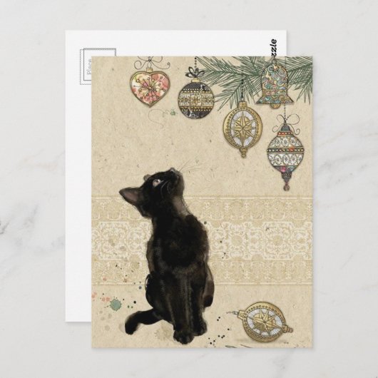 ヴィンテージクリスマスブラックキャットルッキングオーナメント ポストカード (正面/裏面)