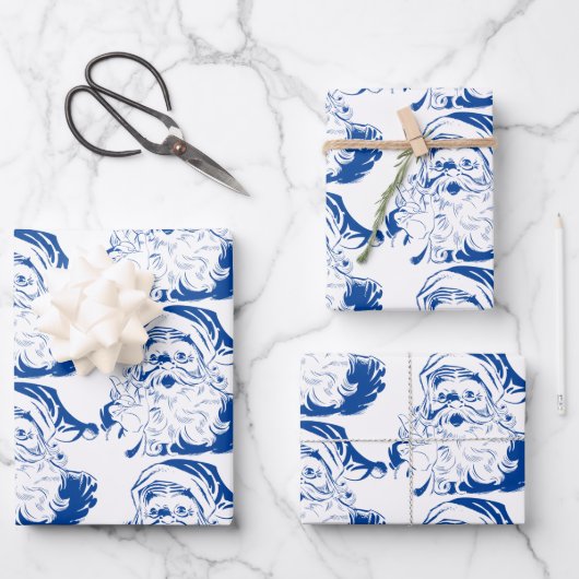 ヴィンテージクリスマスブルーすてきのレトロサンタクロース ラッピングペーパーシート (正面)