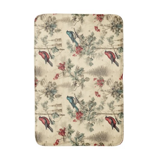 ヴィンテージクリスマスブルージェイ赤モッキンバード バスマット (正面縦)